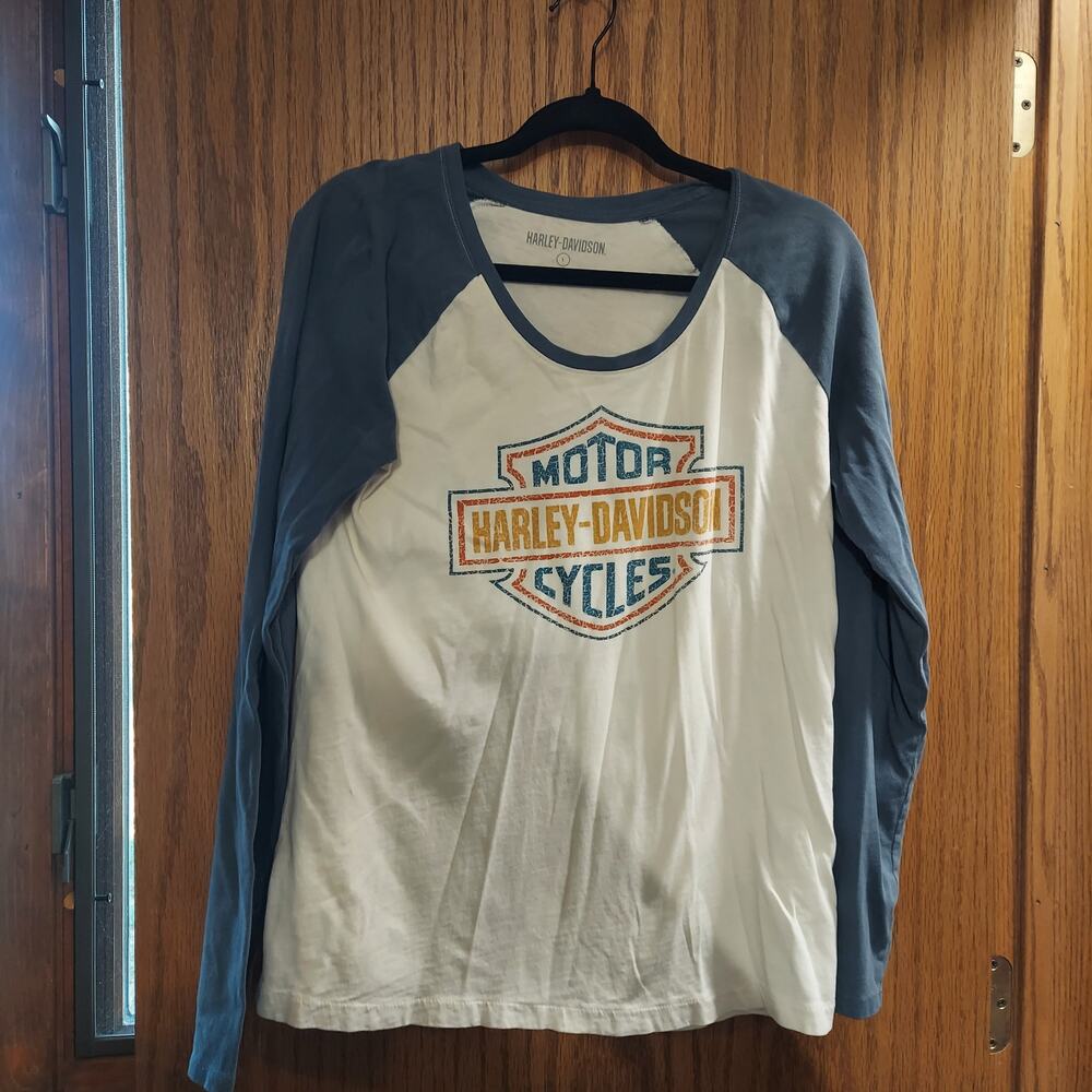 Harley Davidson cycles white blue lightweight  swoop neck Long Sleeve Top Lg